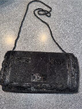 Black Beaded Evening Clutch with Chain Strap